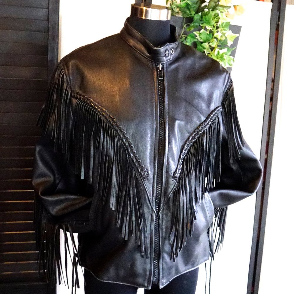 Sleek Black Leather Jacket with Fringe Accents